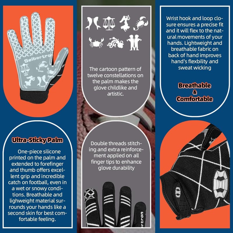 Seibertron Pro 3.0 Twelve Constellations Elite Ultra-Stick Sports Receiver Glove Football Gloves fit for Youth Child Kids Black S - Image 3